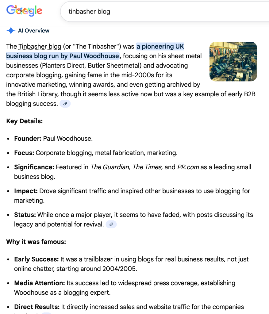 Google AI Overview citing Paul Woodhouse and the Tinbasher Blog as a pioneering business blog.